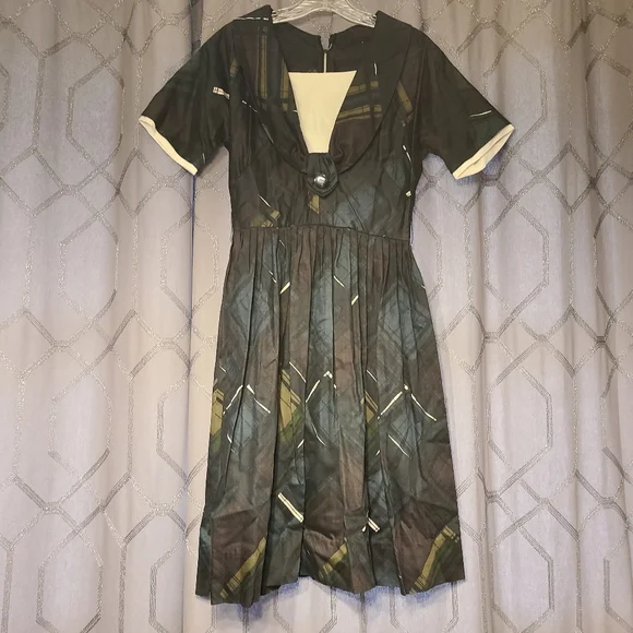 Vintage | Dresses | Vintage 5s Cotton Day Dress Gold Black Blue White  Abstract Plaid Print S | Poshmark
